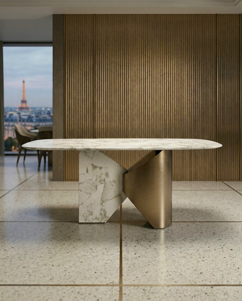 Modern 8 seater marble brass dining table by Arris Concepts Luxury.