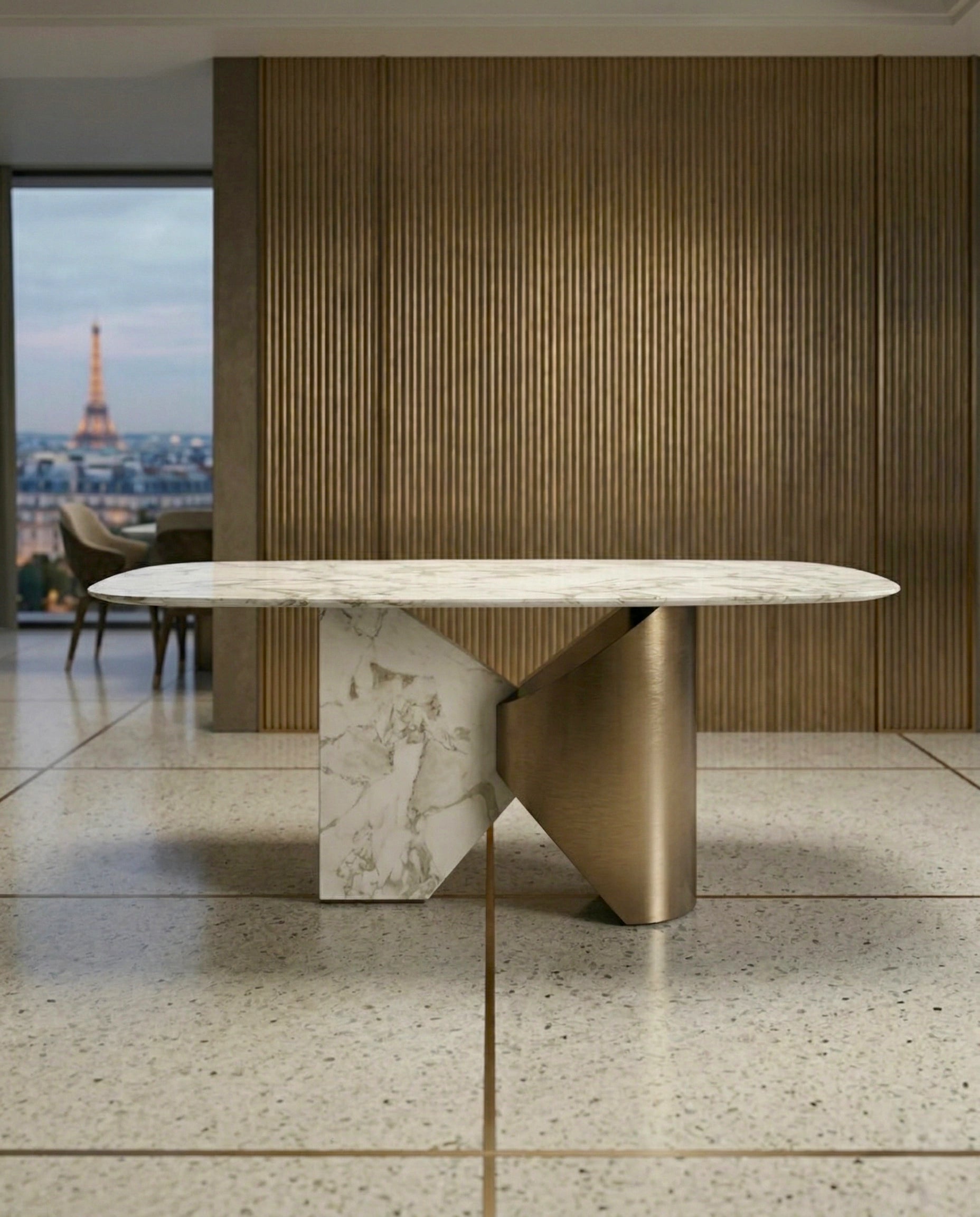 Modern 8 seater marble brass dining table by Arris Concepts Luxury.