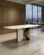 Modern 8 seater marble brass dining table by Arris Concepts Luxury.
