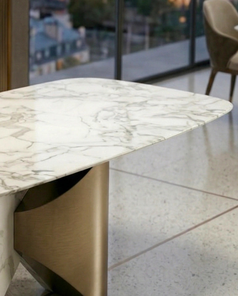 Modern 8 seater marble brass dining table by Arris Concepts Luxury.