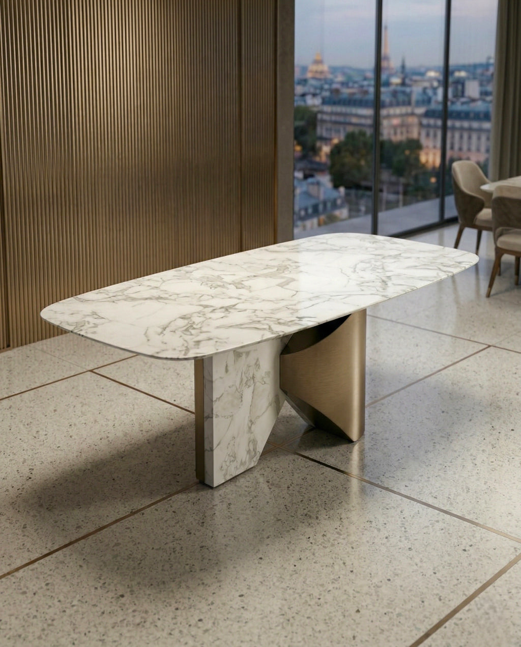 Modern 8 seater marble brass dining table by Arris Concepts Luxury.