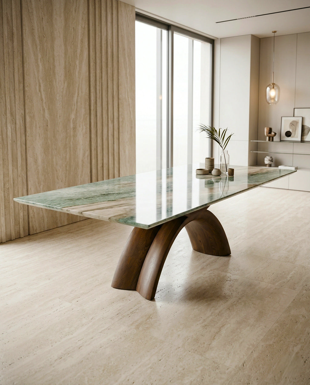 Artisanal 10 seater exotic green marble dining table for luxury interiors by Arris Concepts Luxury.