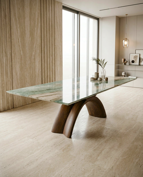 Artisanal 10 seater exotic green marble dining table for luxury interiors by Arris Concepts Luxury.