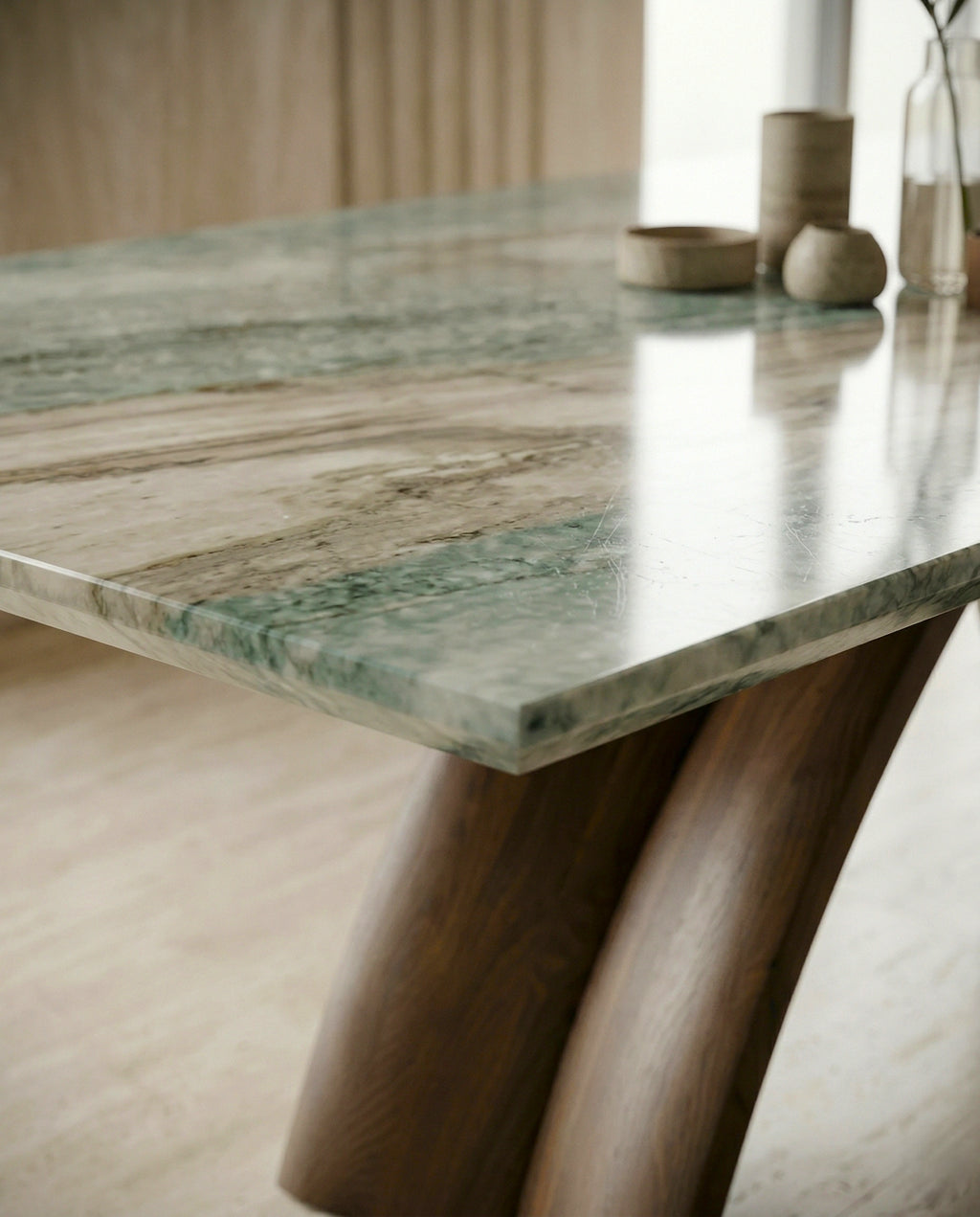 Artisanal 10 seater exotic green marble dining table for luxury interiors by Arris Concepts Luxury.