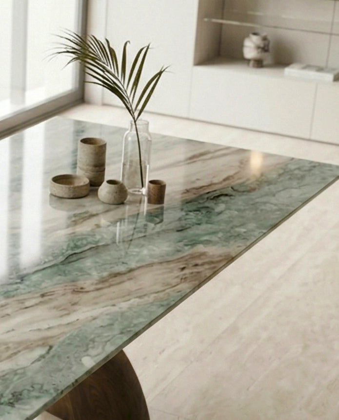 Artisanal 10 seater exotic green marble dining table for luxury interiors by Arris Concepts Luxury.