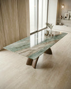 Artisanal 10 seater exotic green marble dining table for luxury interiors by Arris Concepts Luxury.