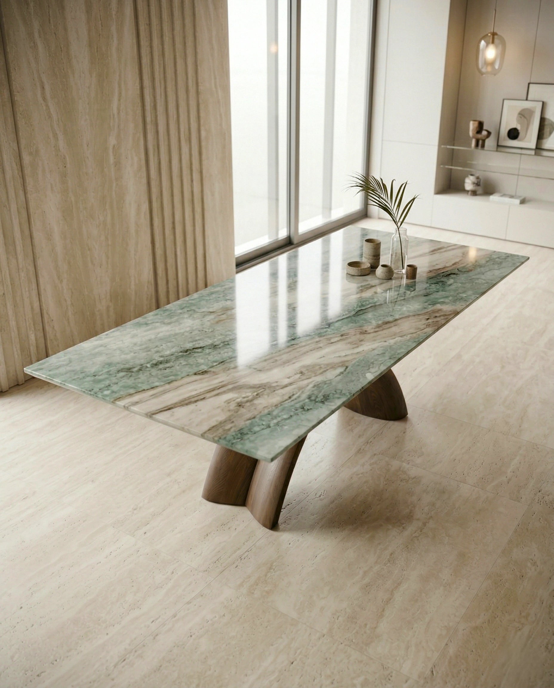 Artisanal 10 seater exotic green marble dining table for luxury interiors by Arris Concepts Luxury.