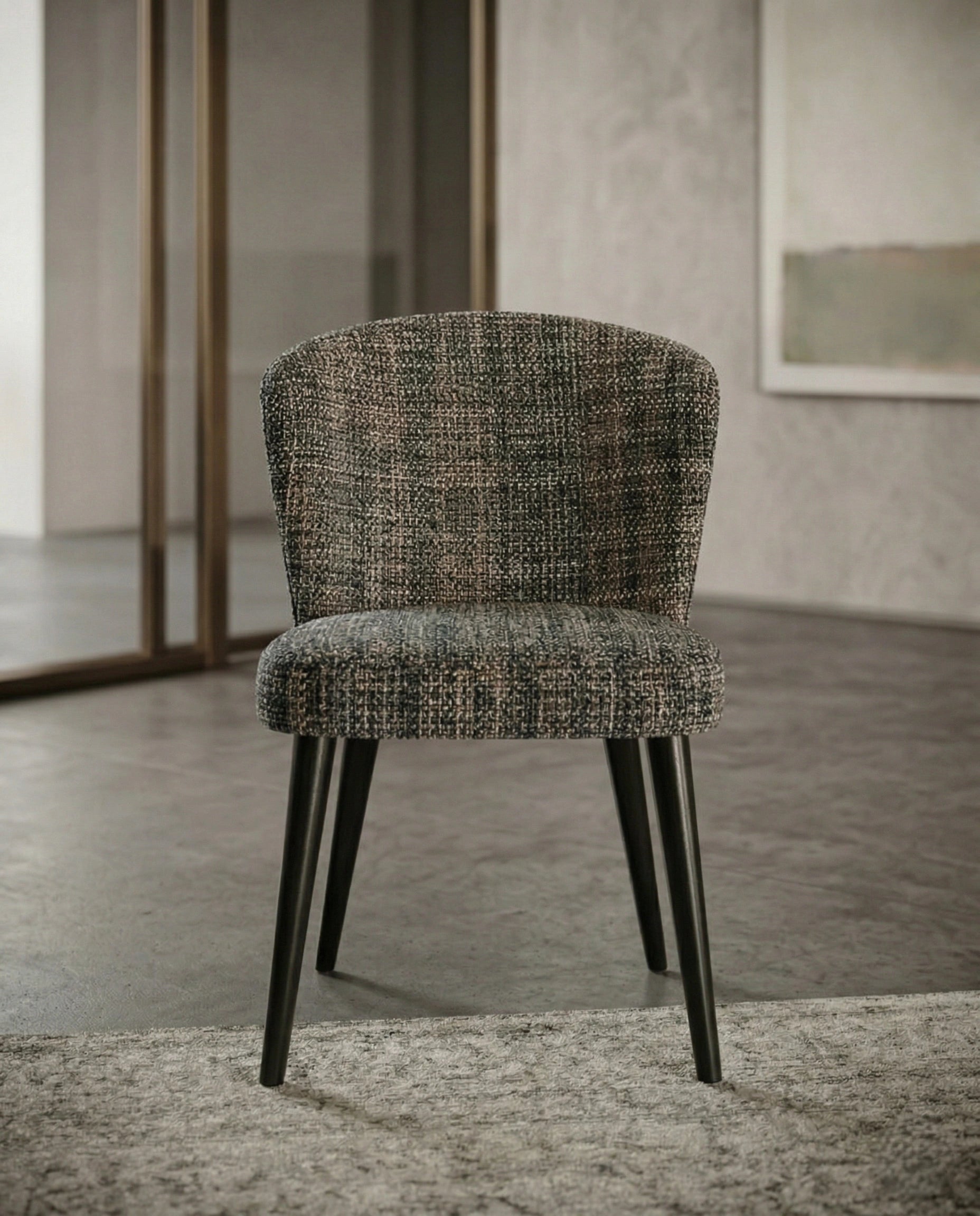 High-end fabric dining room chair and premium textured woven dining chair crafted by Arris Concepts Luxury Pvt. Ltd.