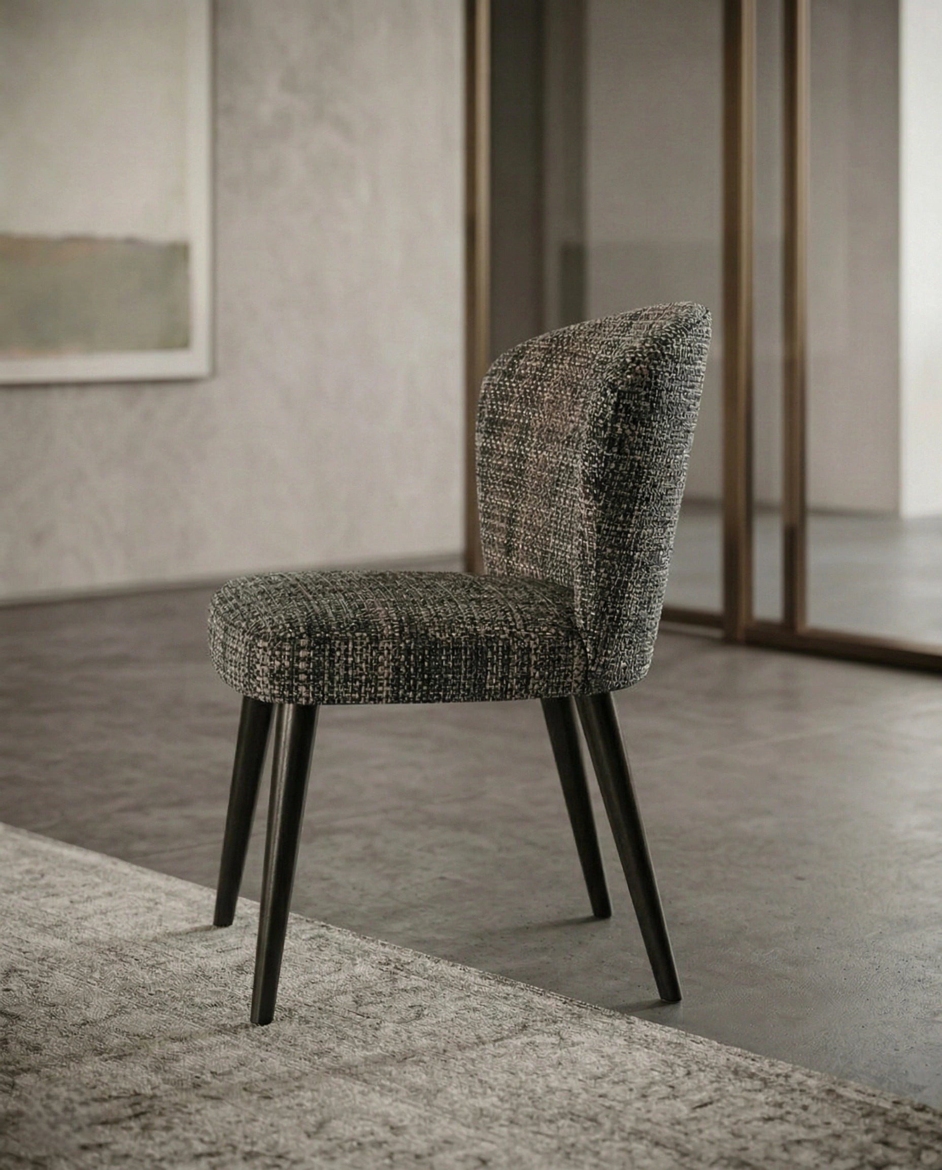 High-end fabric dining room chair and premium textured woven dining chair crafted by Arris Concepts Luxury Pvt. Ltd.