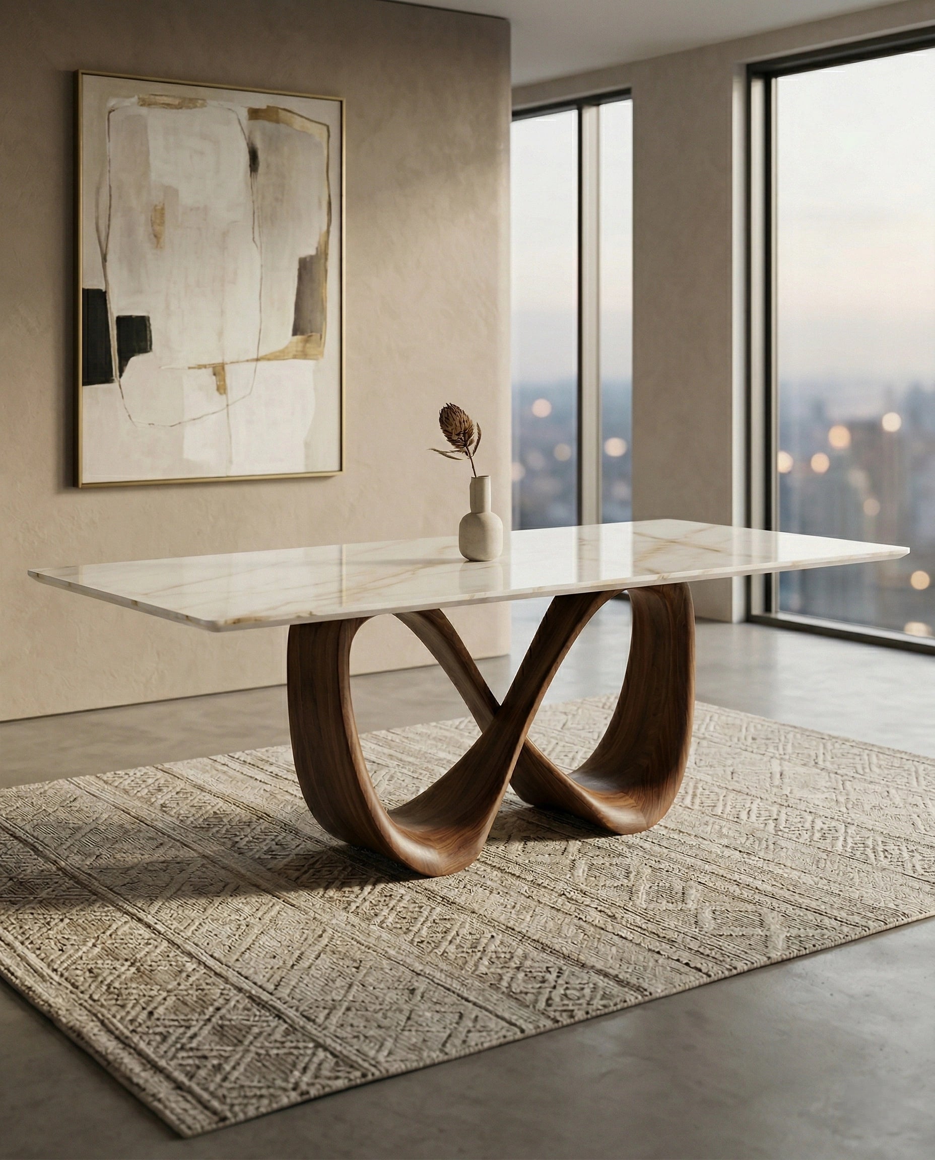 Beautiful premium onyx top dining table with sculptural base crafted by Arris Concepts Luxury Pvt. Ltd.