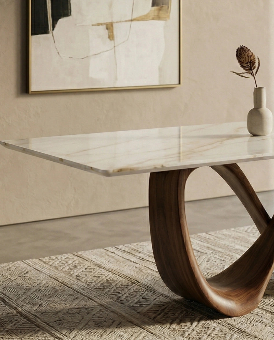 Beautiful premium onyx top dining table with sculptural base crafted by Arris Concepts Luxury Pvt. Ltd.