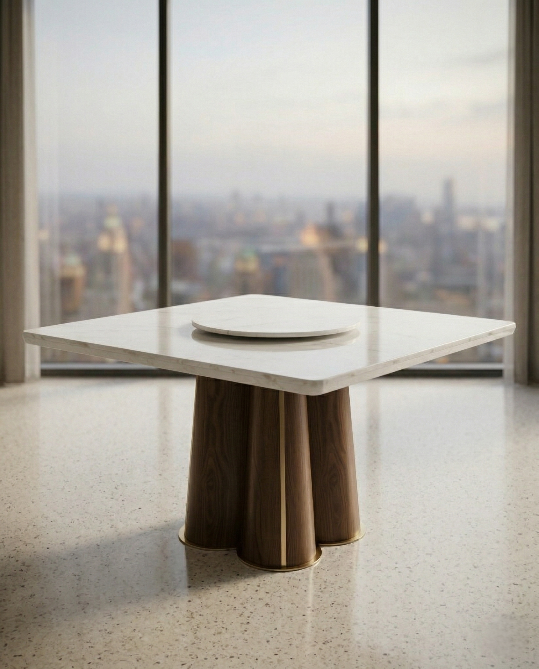 Beautiful premium square marble dining table with wood pedestal crafted by Arris Concepts Luxury Pvt. Ltd.