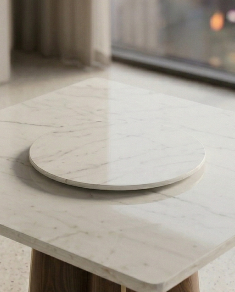 Beautiful premium square marble dining table with wood pedestal crafted by Arris Concepts Luxury Pvt. Ltd.