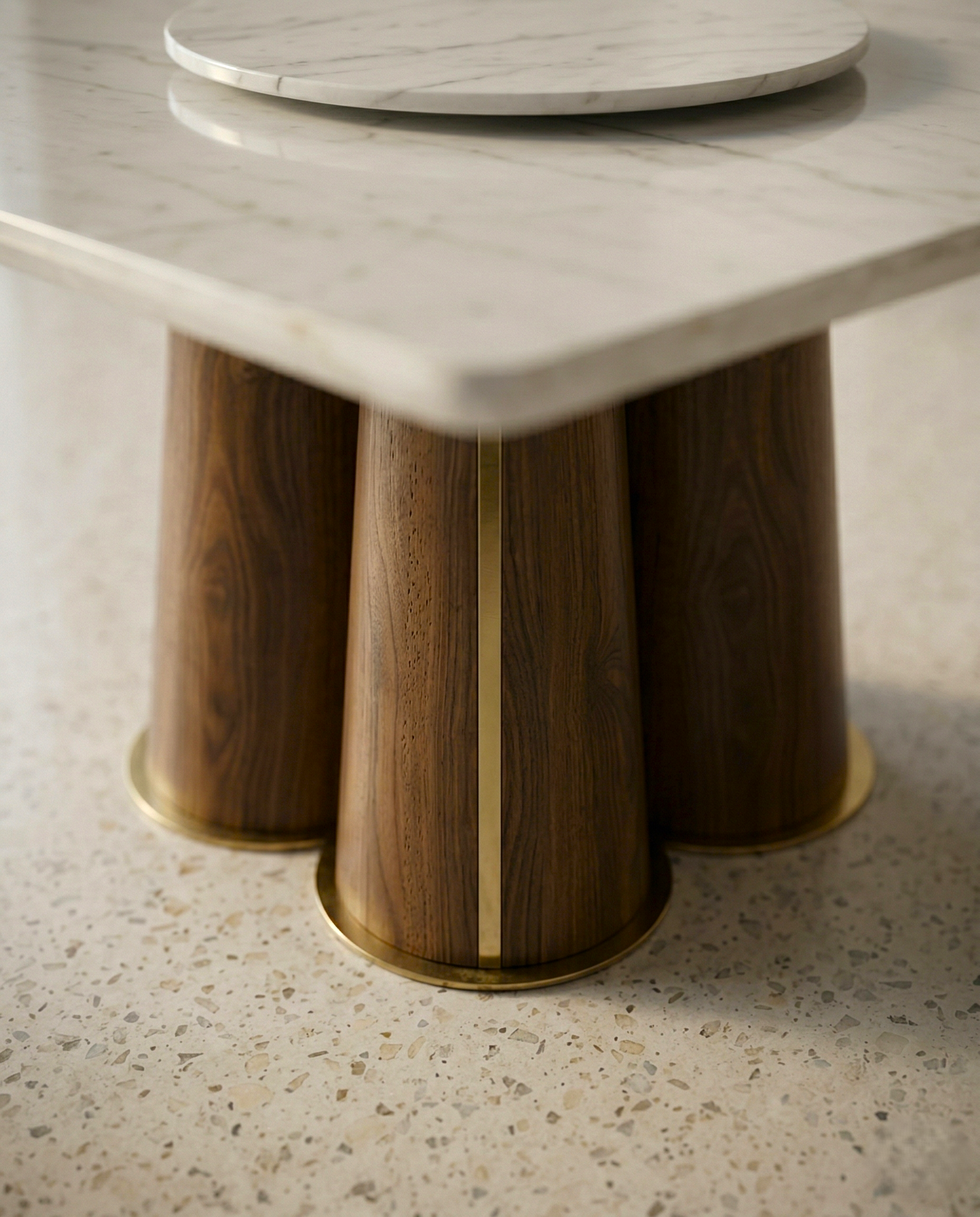 Beautiful premium square marble dining table with wood pedestal crafted by Arris Concepts Luxury Pvt. Ltd.