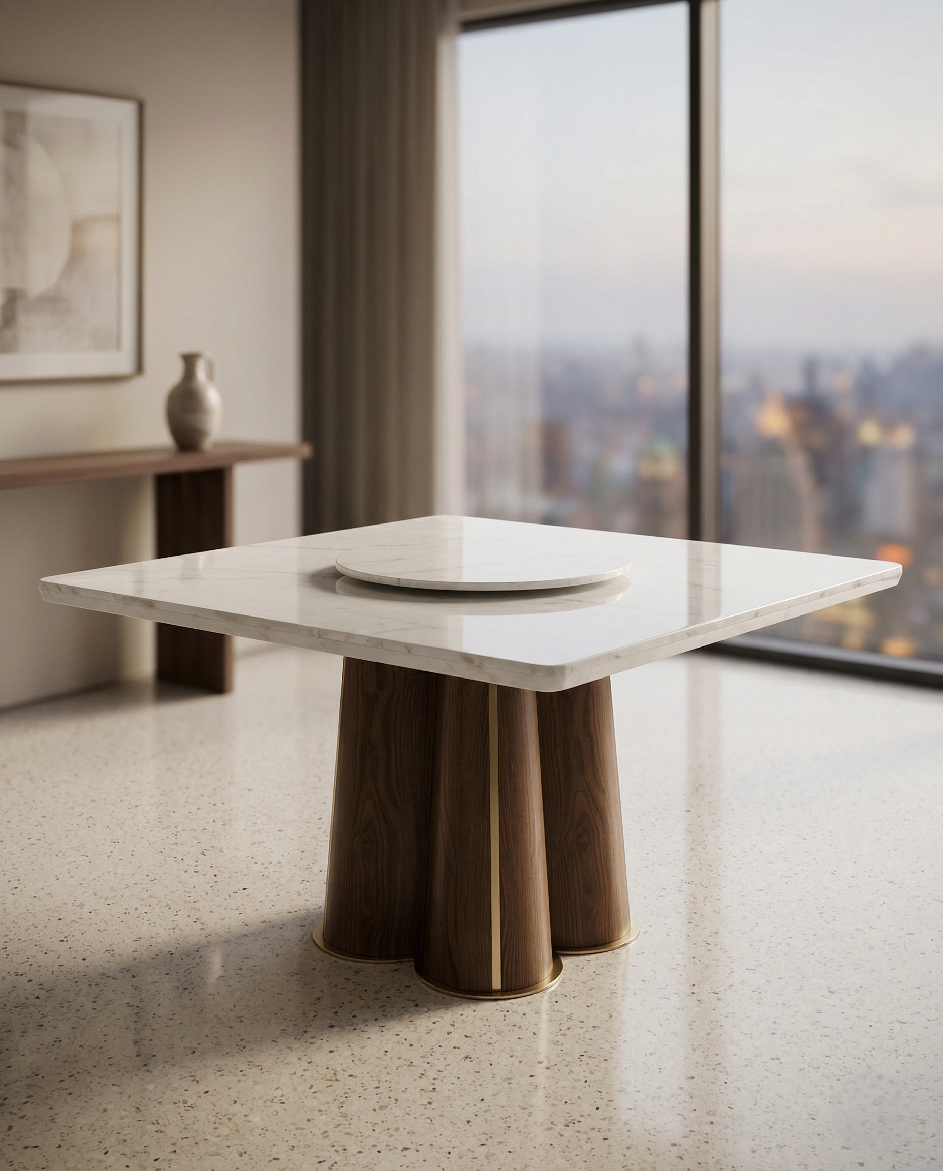 Beautiful premium square marble dining table with wood pedestal crafted by Arris Concepts Luxury Pvt. Ltd.