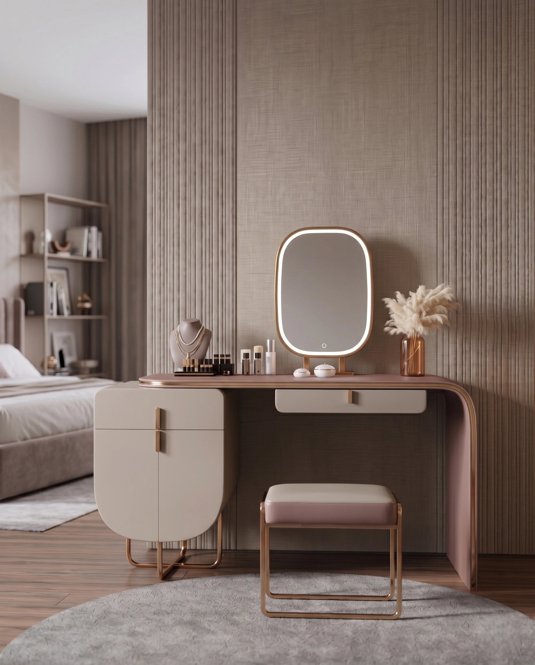 Modern Asymmetrical Pink & Taupe Dressing Table Set Arris Concepts