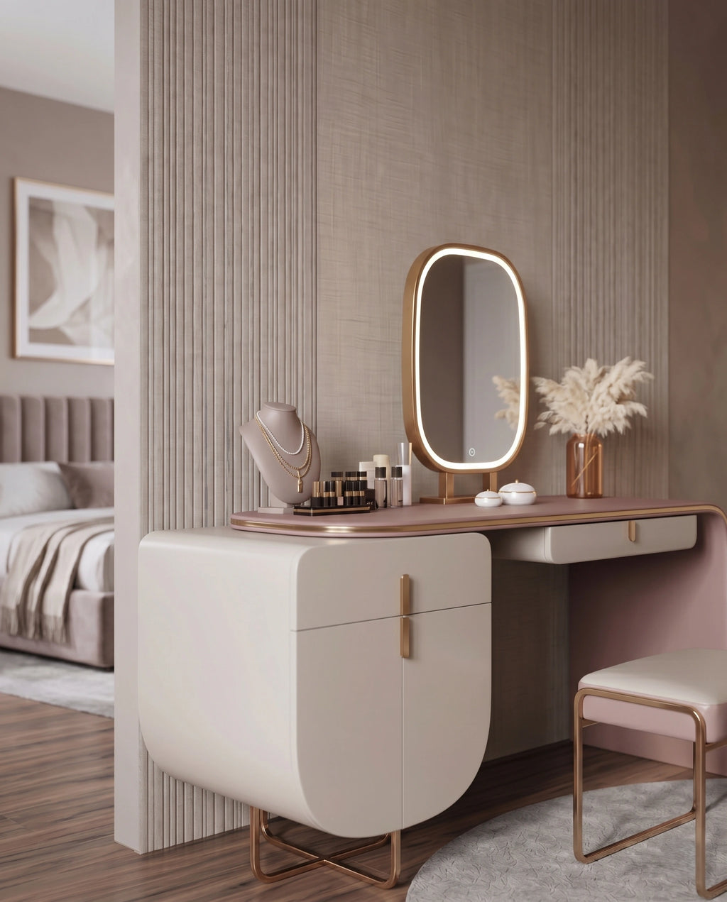 Modern Asymmetrical Pink & Taupe Dressing Table Set Arris Concepts