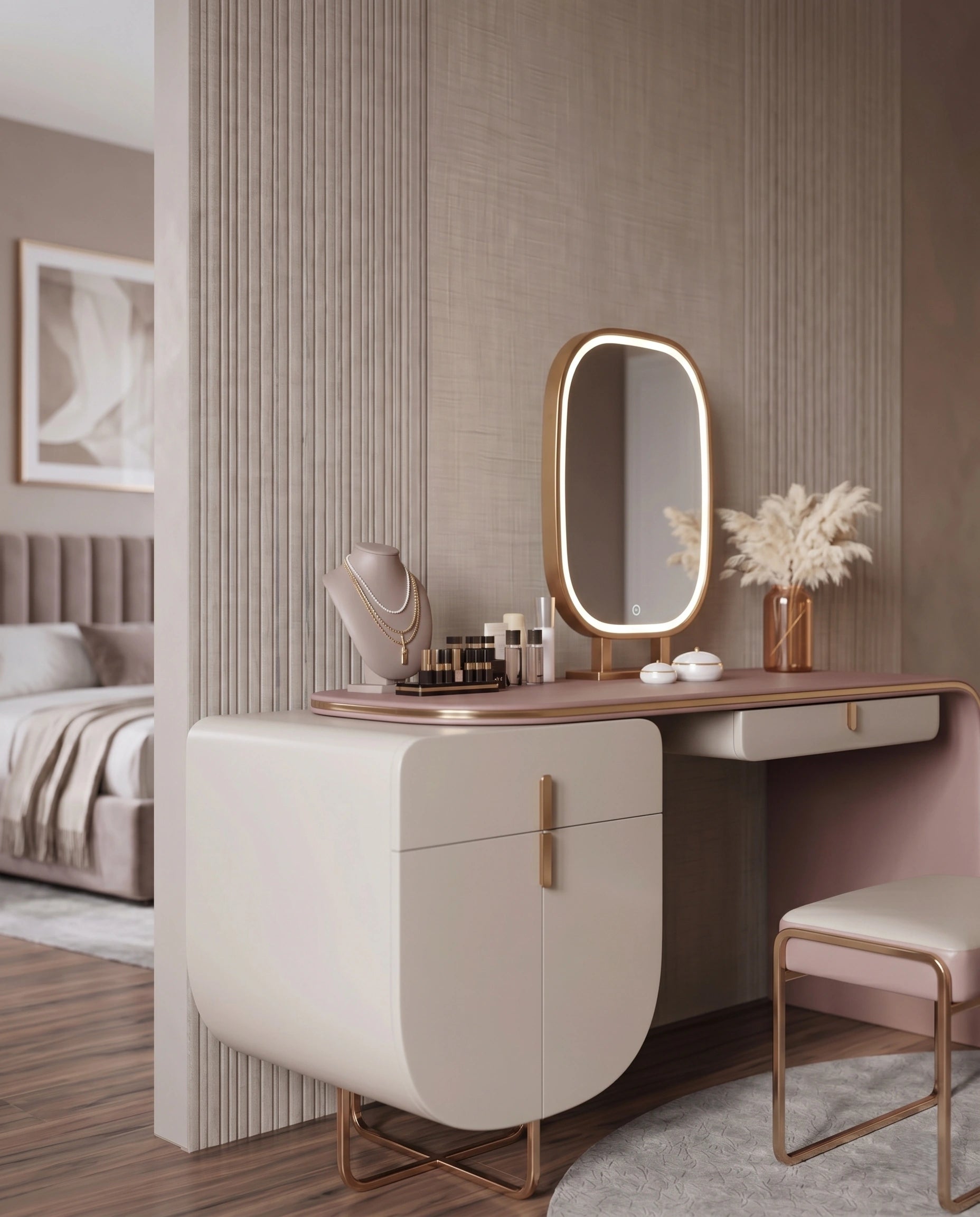 Modern Asymmetrical Pink & Taupe Dressing Table Set Arris Concepts