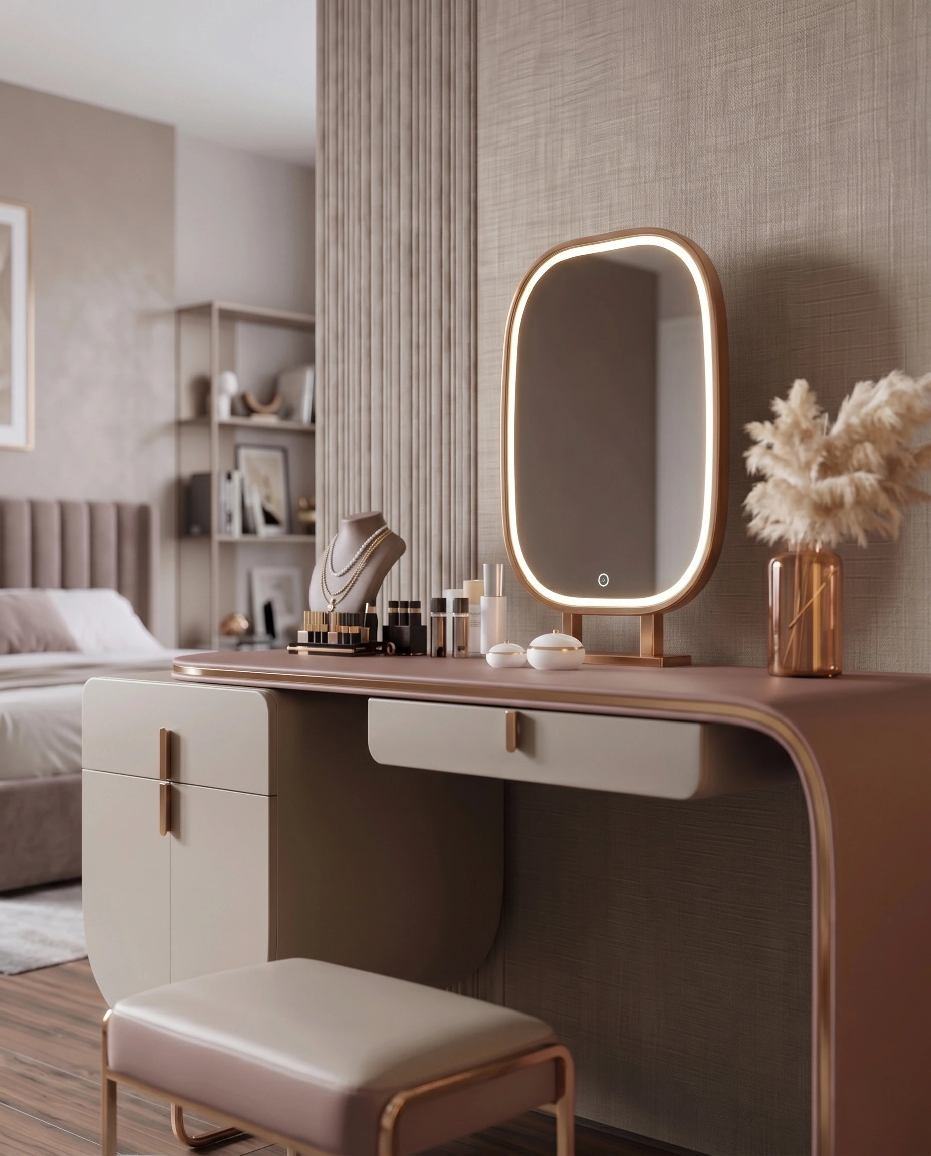Modern Asymmetrical Pink & Taupe Dressing Table Set Arris Concepts