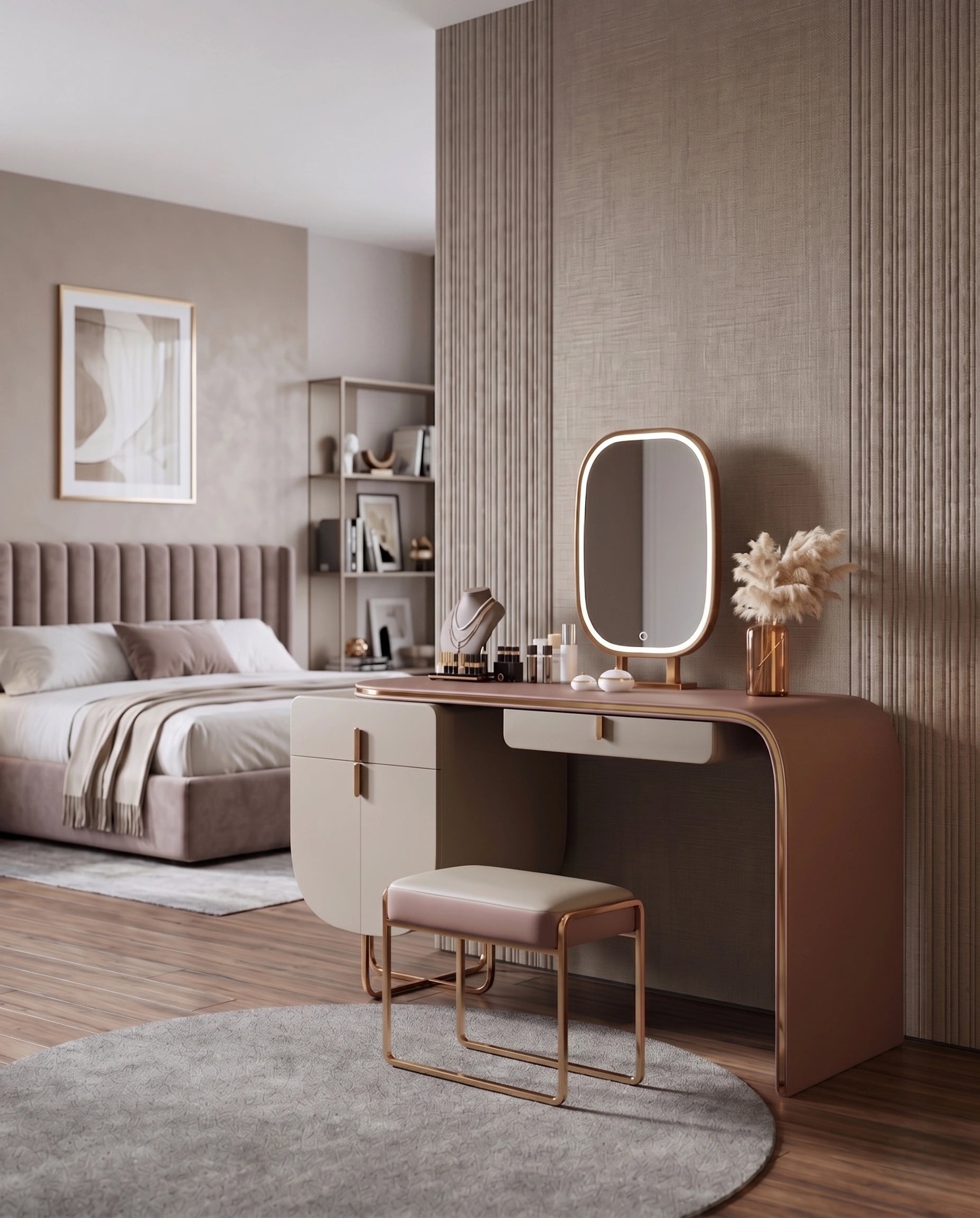 Modern Asymmetrical Pink & Taupe Dressing Table Set Arris Concepts