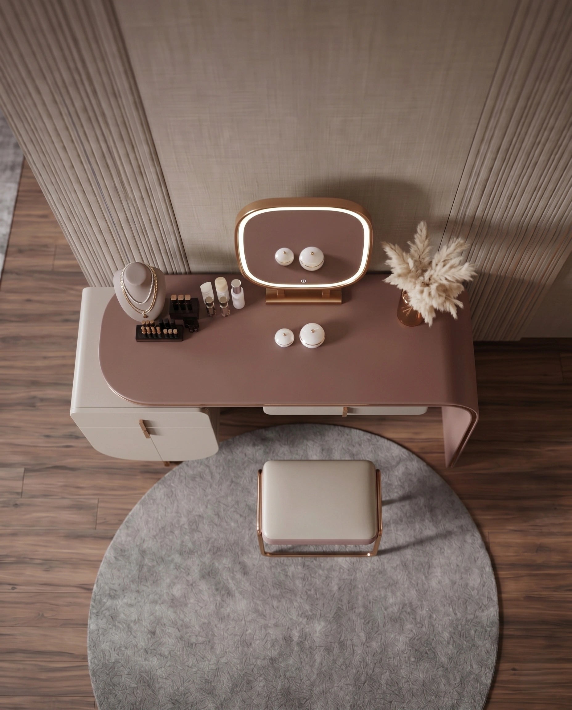 Modern Asymmetrical Pink & Taupe Dressing Table Set Arris Concepts