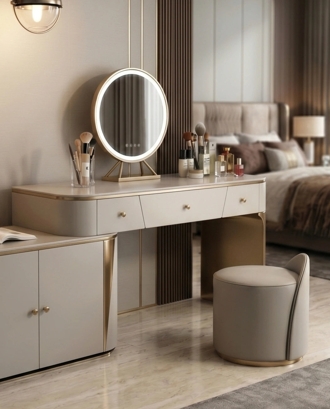 Art Deco Stepped Cream & Gold Dressing Table Set Arris Concepts