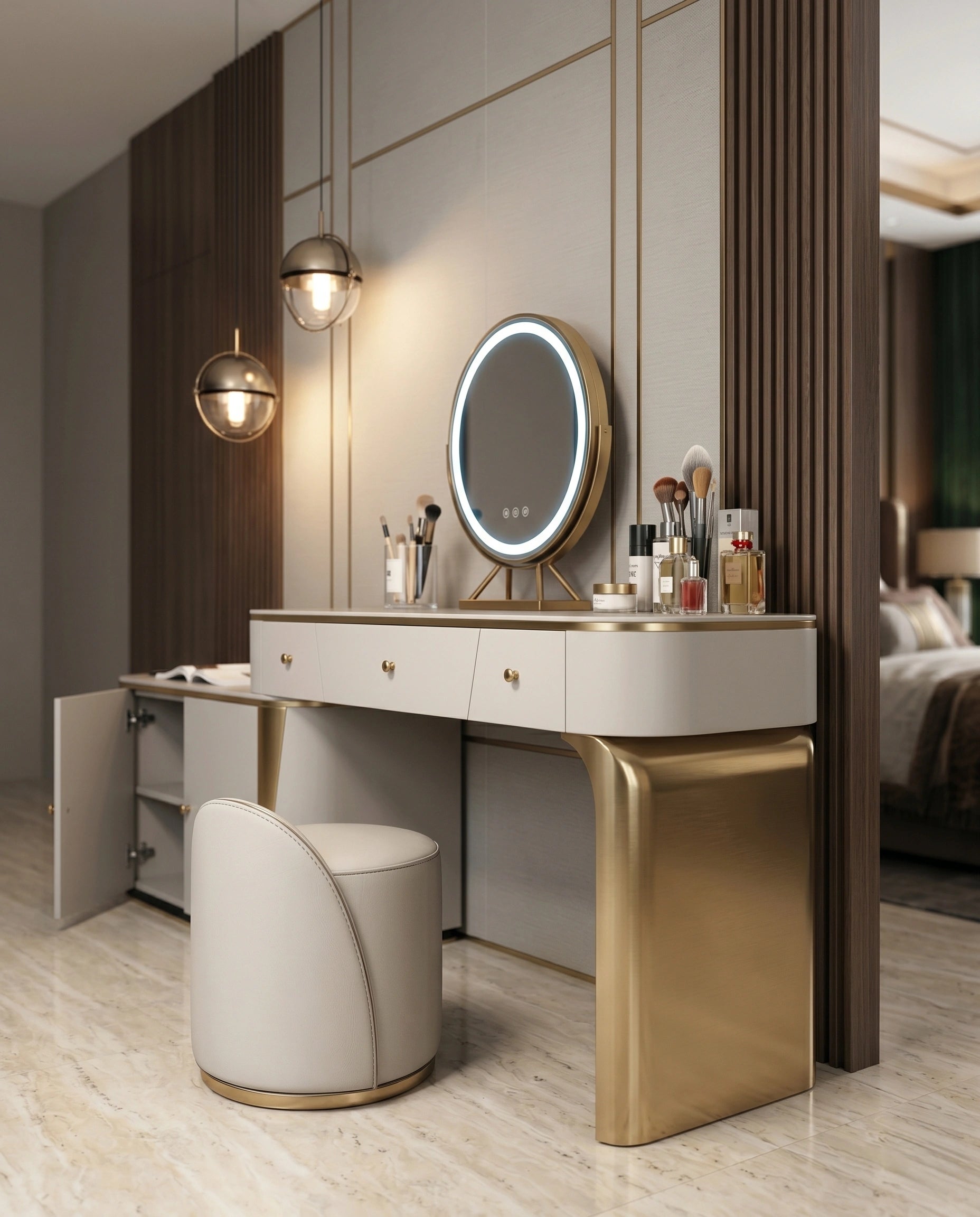 Art Deco Stepped Cream & Gold Dressing Table Set Arris Concepts