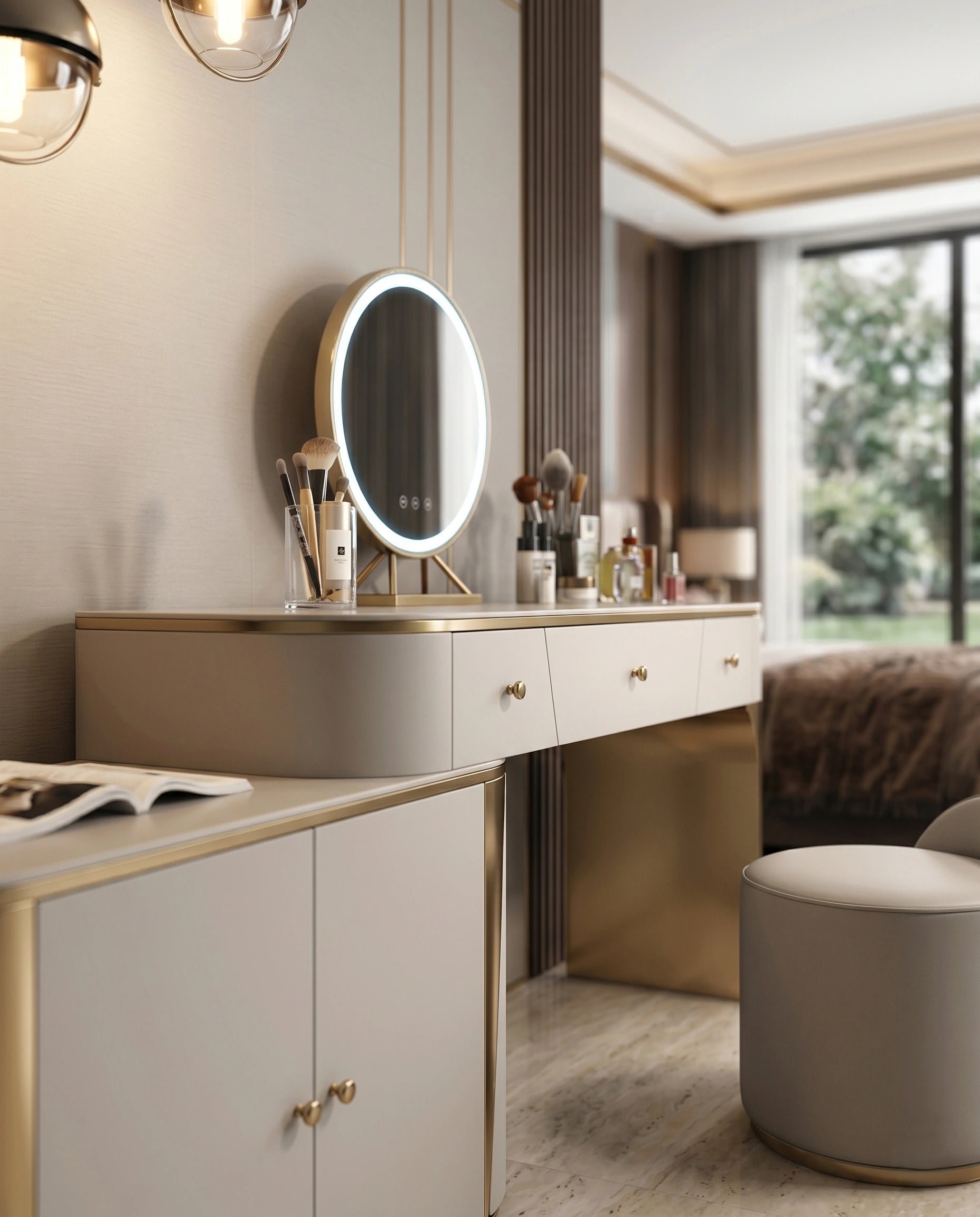 Art Deco Stepped Cream & Gold Dressing Table Set Arris Concepts