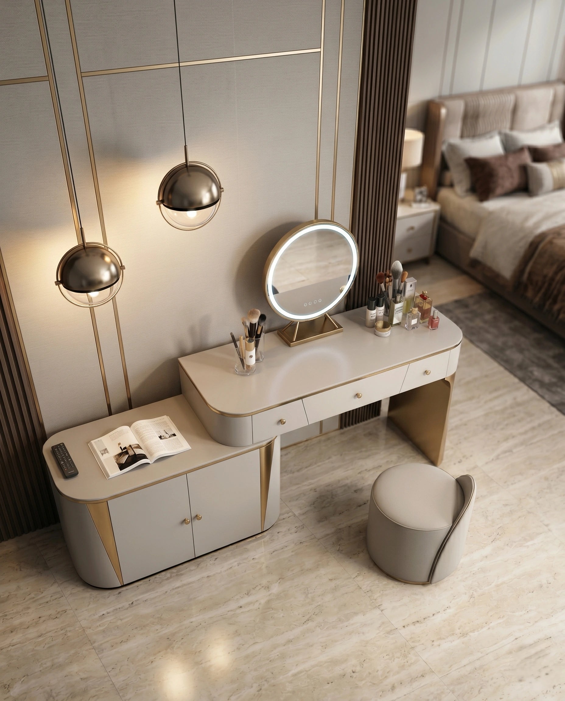 Art Deco Stepped Cream & Gold Dressing Table Set Arris Concepts
