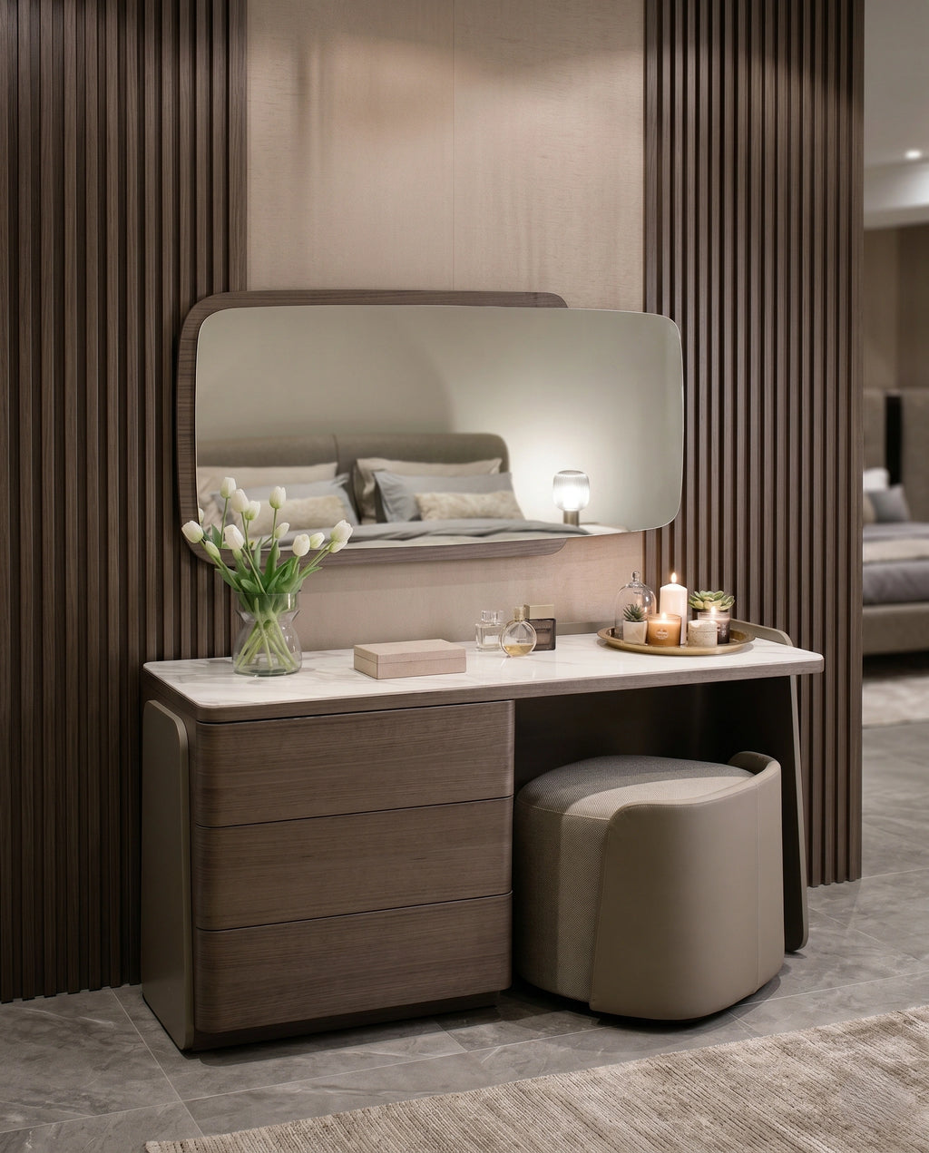 Modern Walnut & Marble Asymmetrical Dressing Table Set Arris Concepts