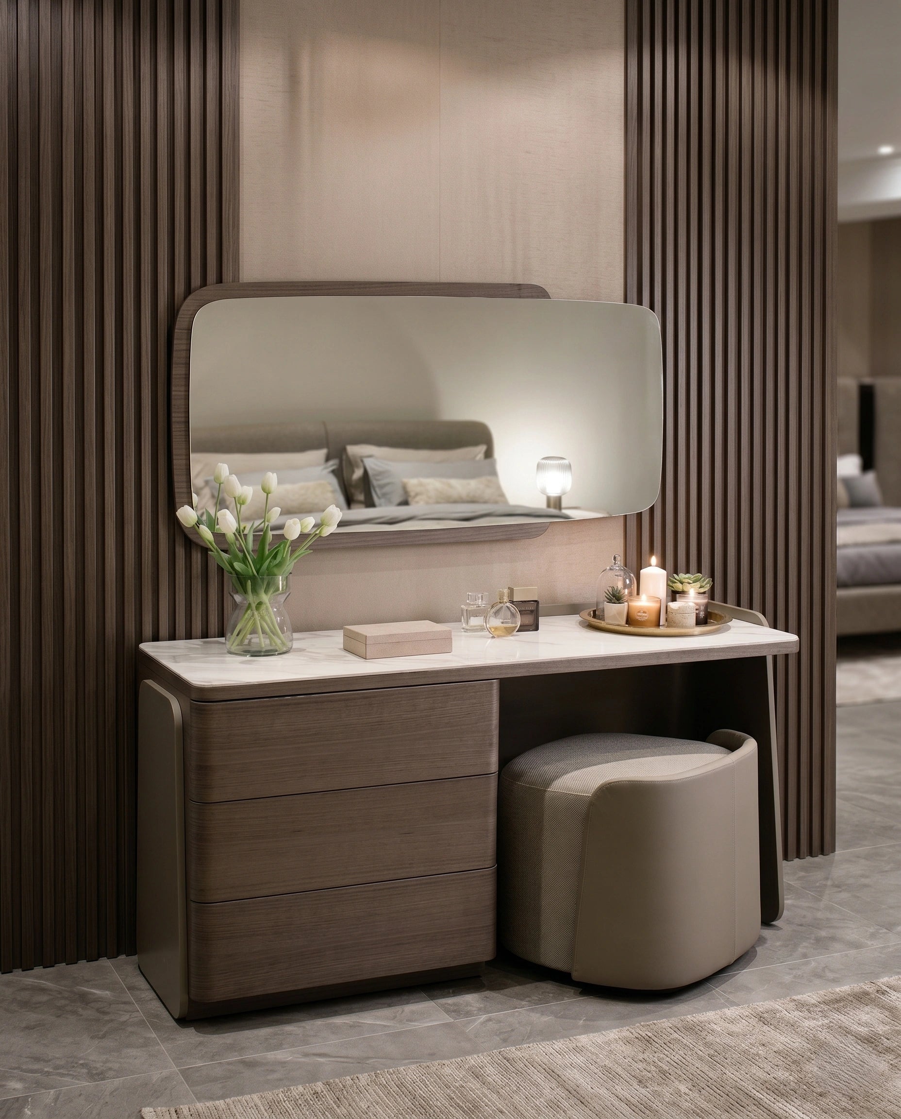 Modern Walnut & Marble Asymmetrical Dressing Table Set Arris Concepts
