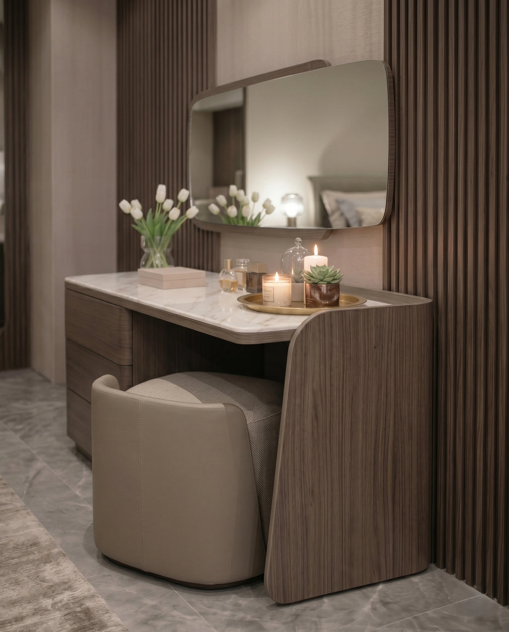 Modern Walnut & Marble Asymmetrical Dressing Table Set Arris Concepts
