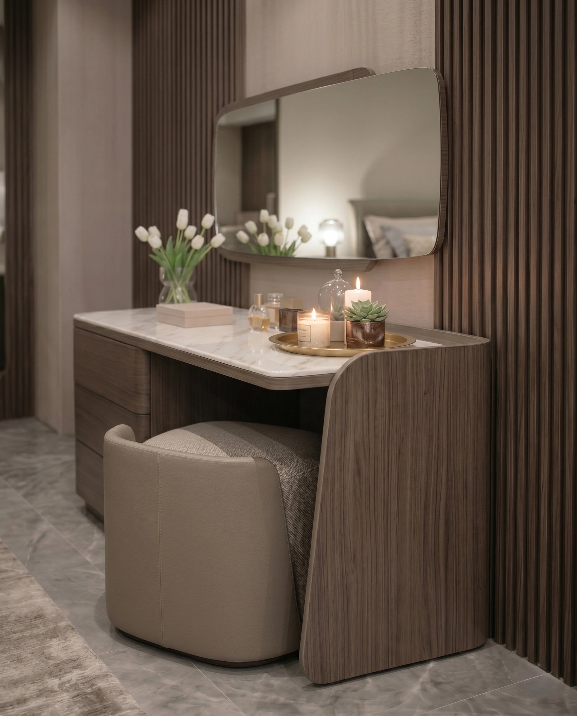 Modern Walnut & Marble Asymmetrical Dressing Table Set Arris Concepts