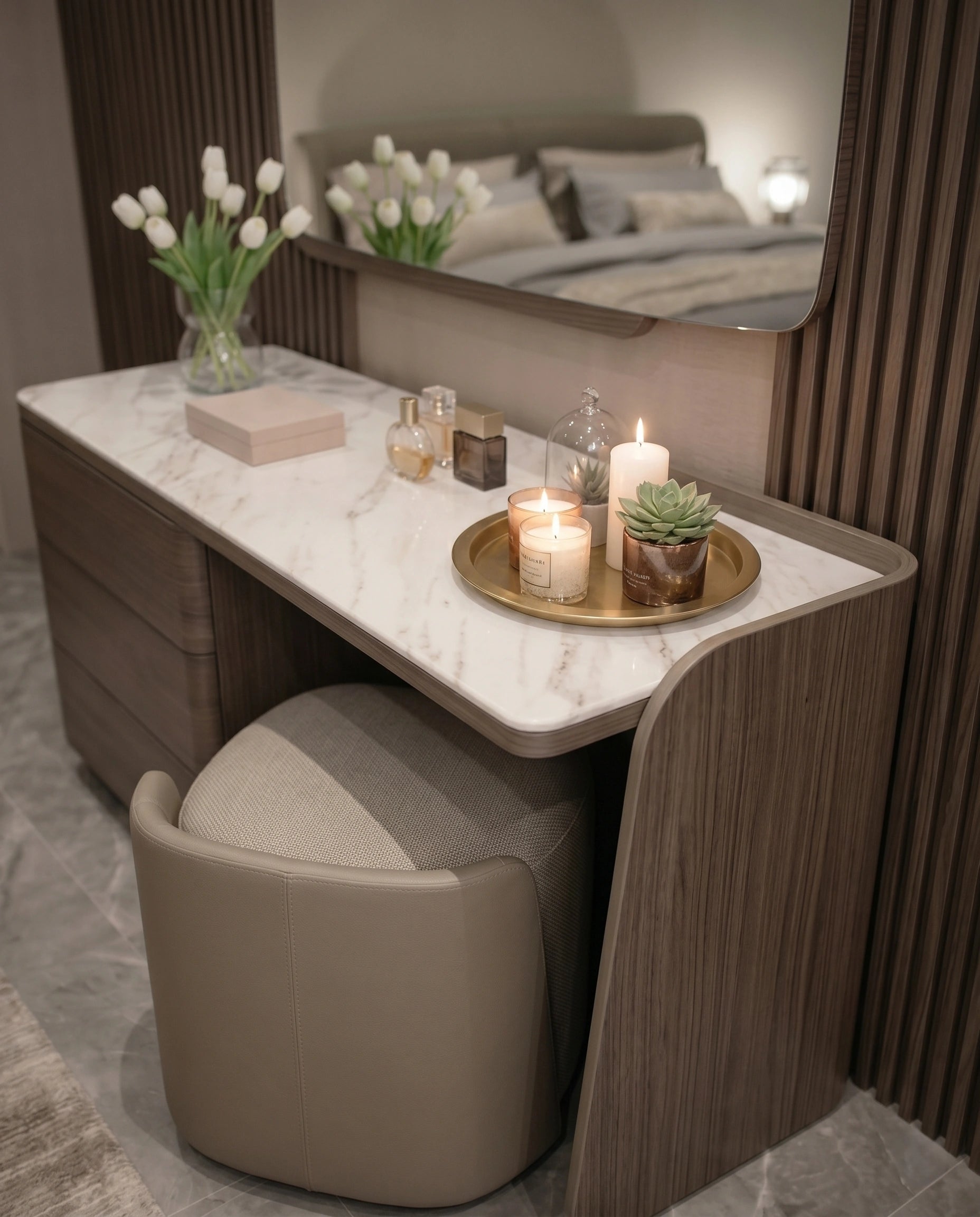 Modern Walnut & Marble Asymmetrical Dressing Table Set Arris Concepts