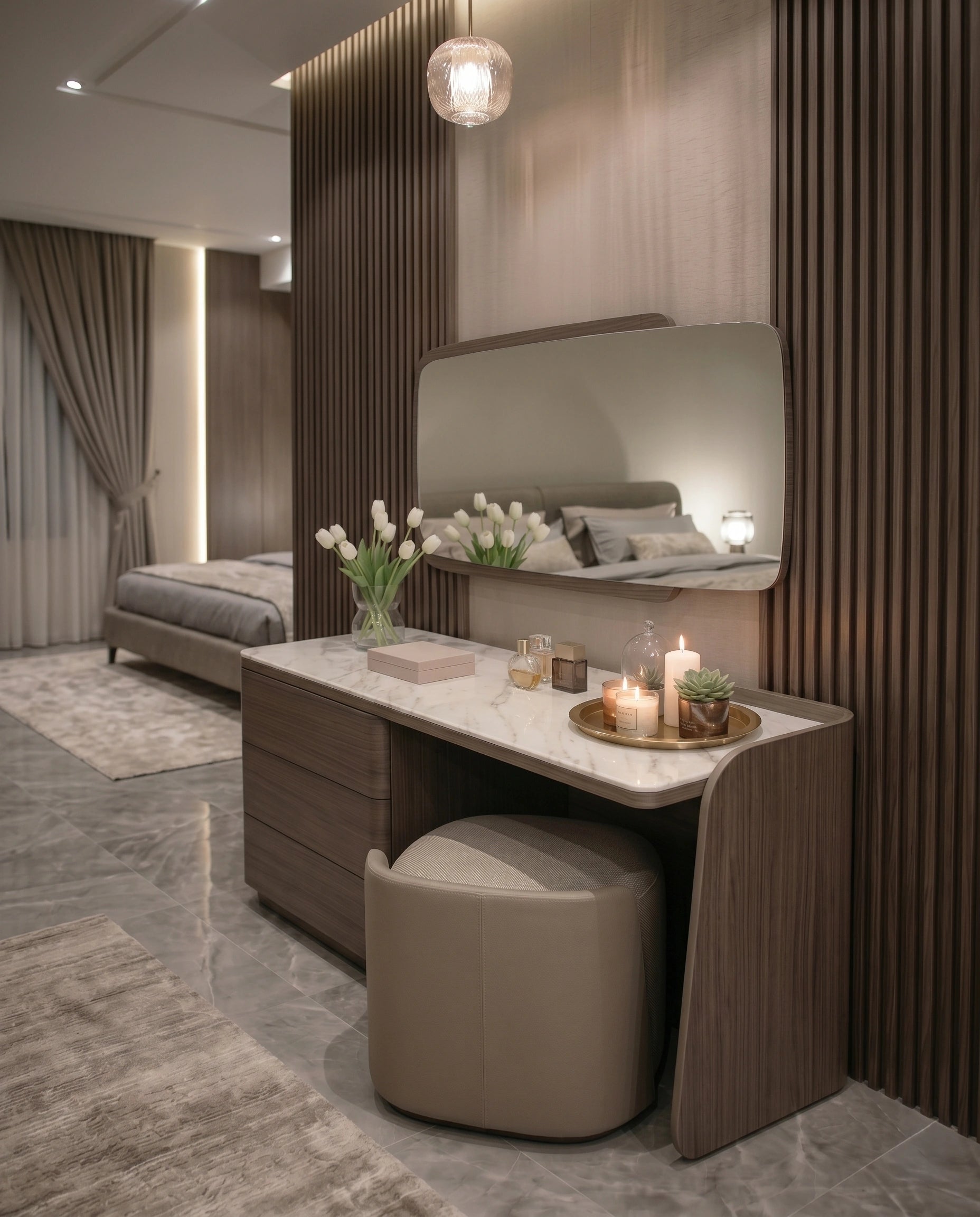 Modern Walnut & Marble Asymmetrical Dressing Table Set Arris Concepts