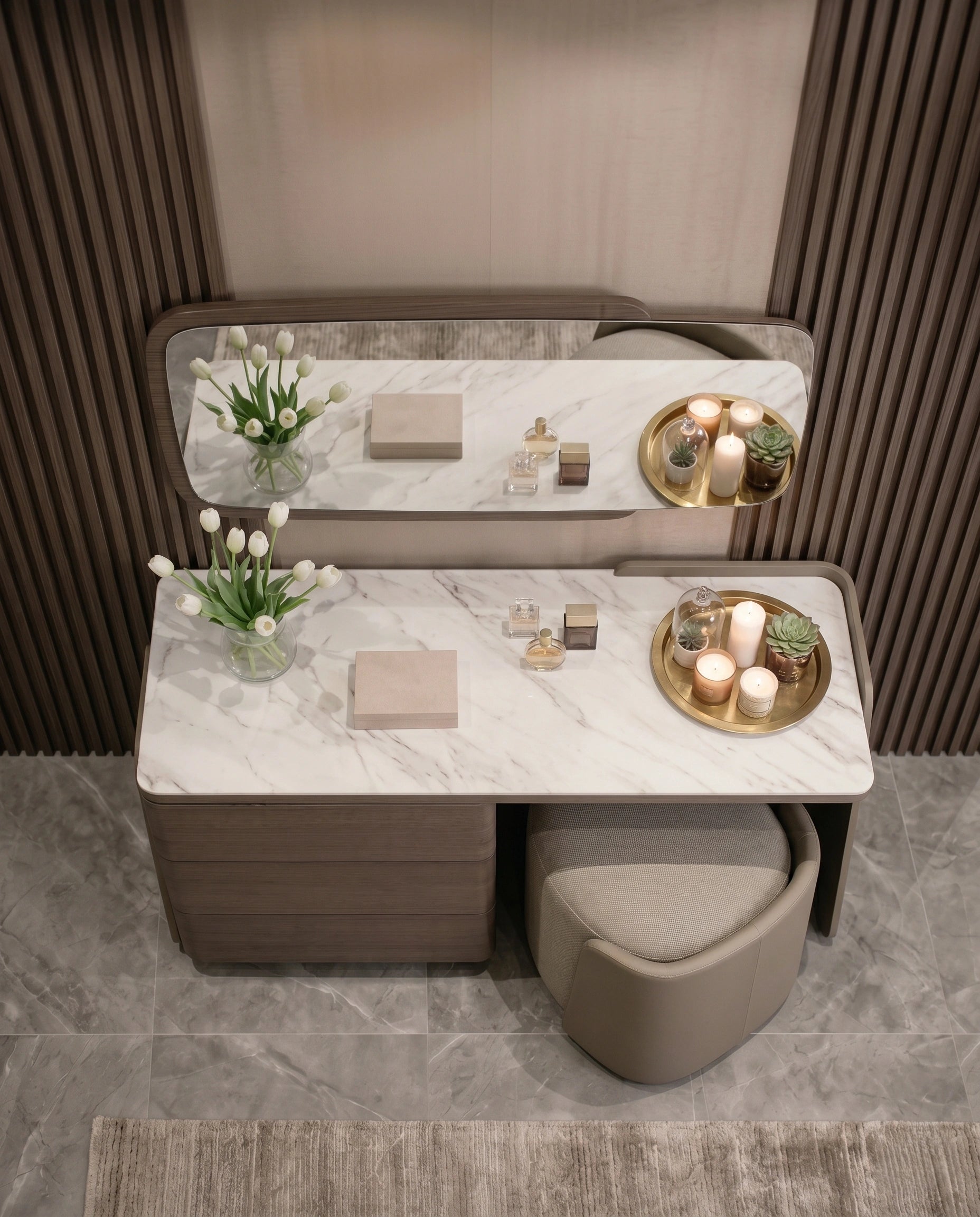 Modern Walnut & Marble Asymmetrical Dressing Table Set Arris Concepts
