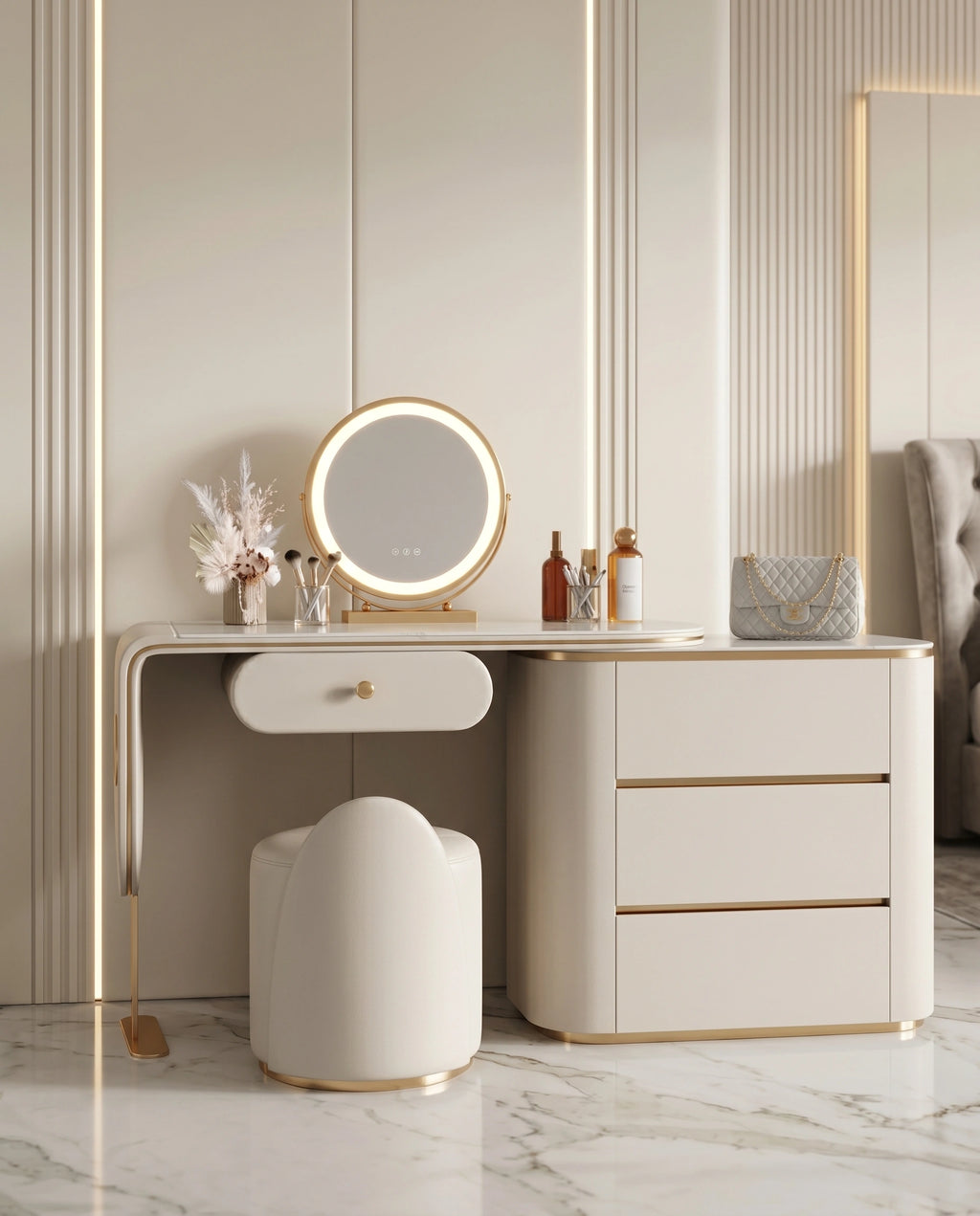 Modern Cream & Gold Asymmetrical Dressing Table Set Arris Concepts