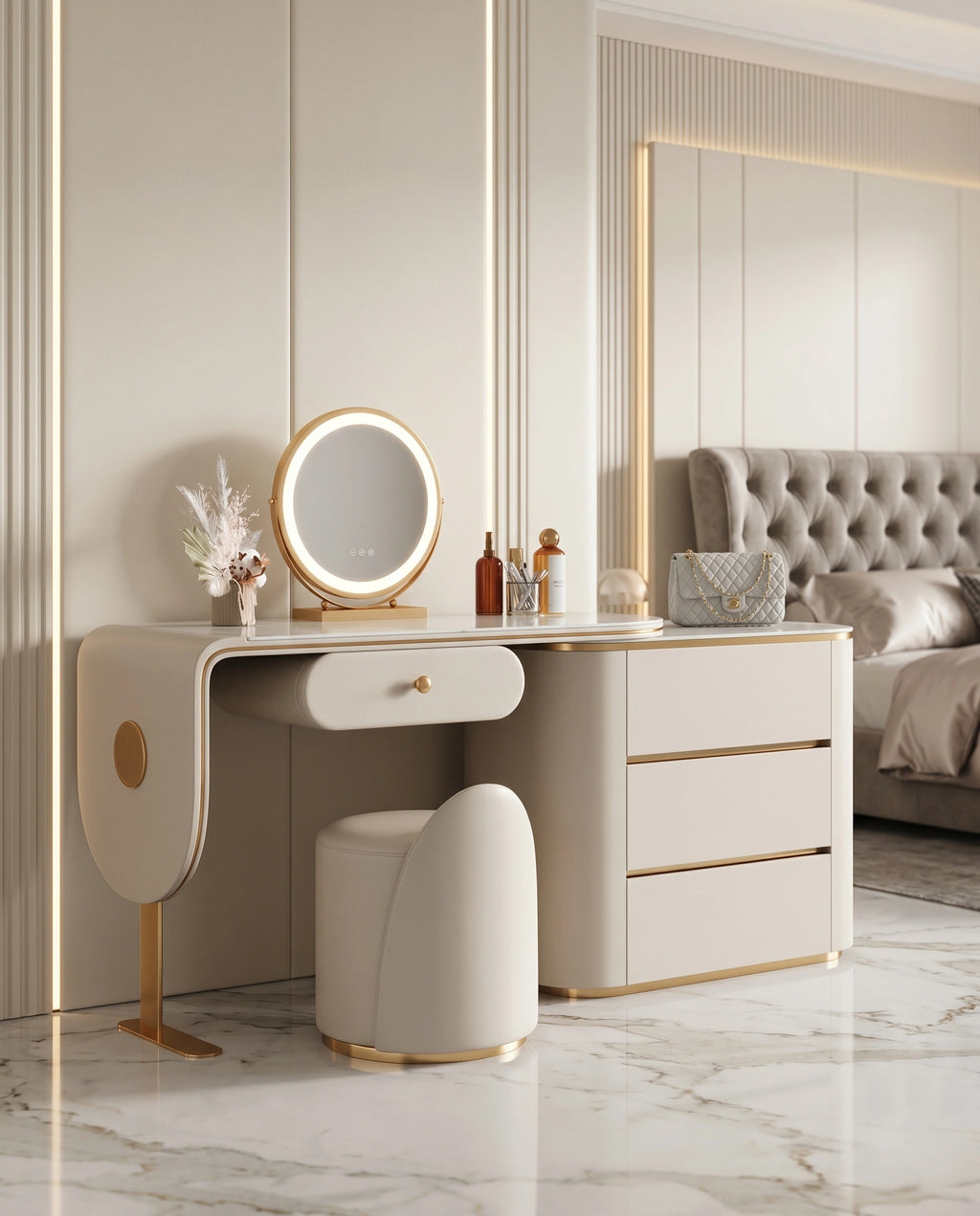 Modern Cream & Gold Asymmetrical Dressing Table Set Arris Concepts