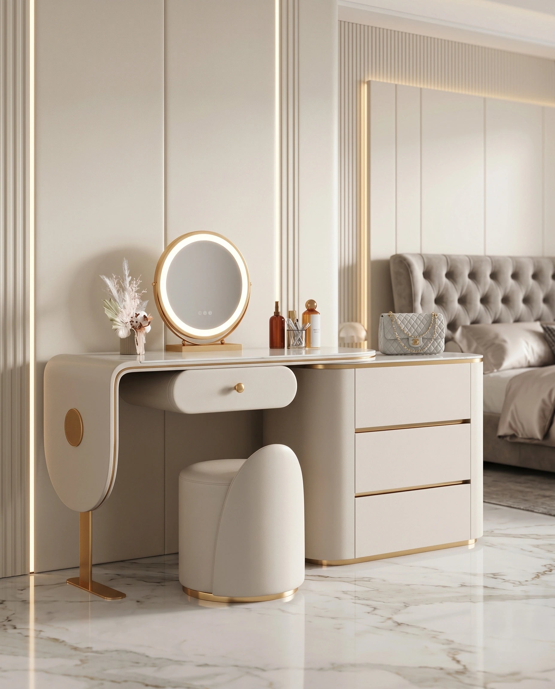 Modern Cream & Gold Asymmetrical Dressing Table Set Arris Concepts