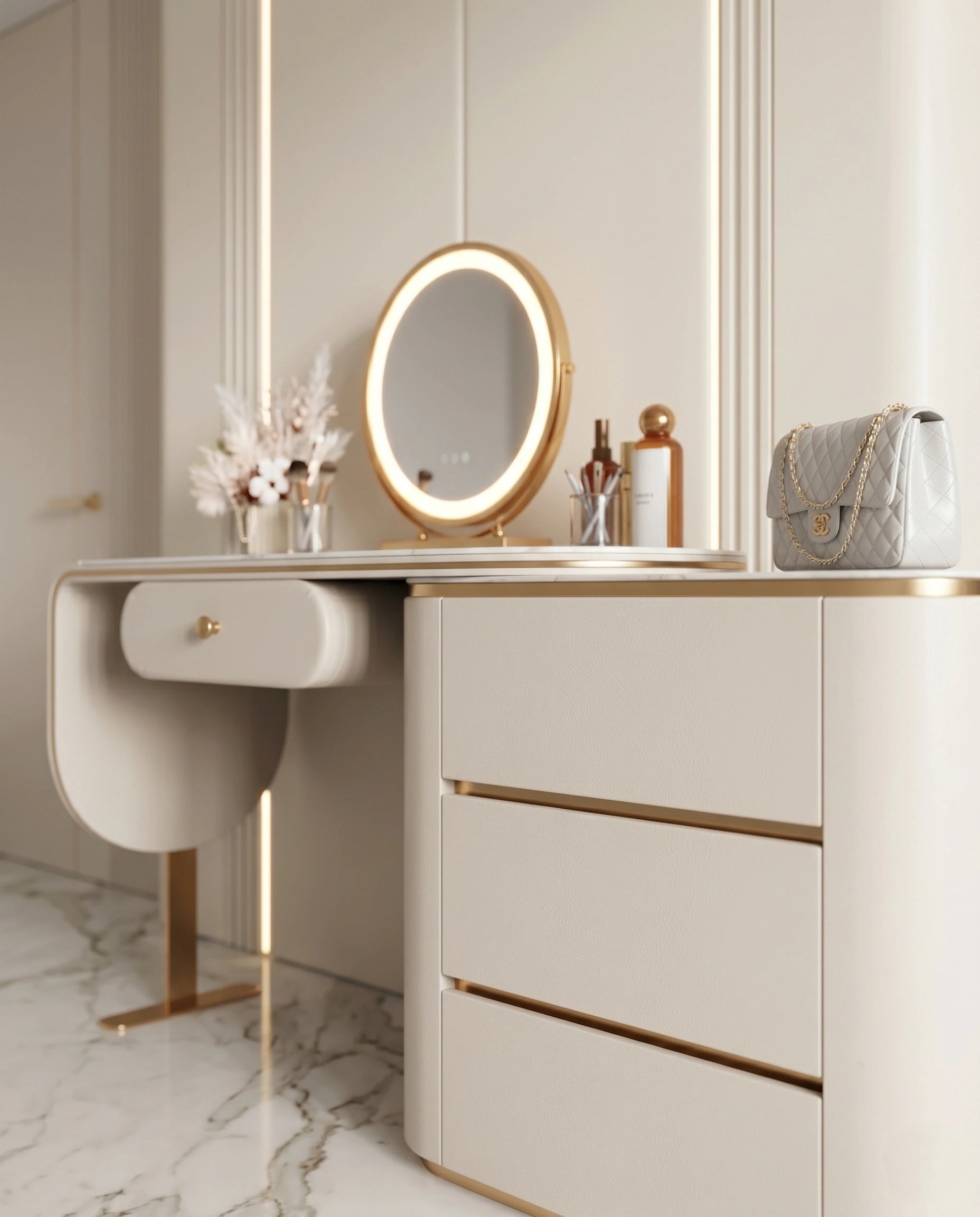 Modern Cream & Gold Asymmetrical Dressing Table Set Arris Concepts