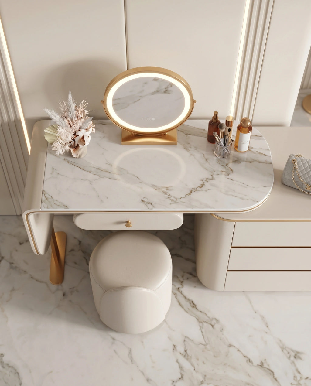 Modern Cream & Gold Asymmetrical Dressing Table Set Arris Concepts