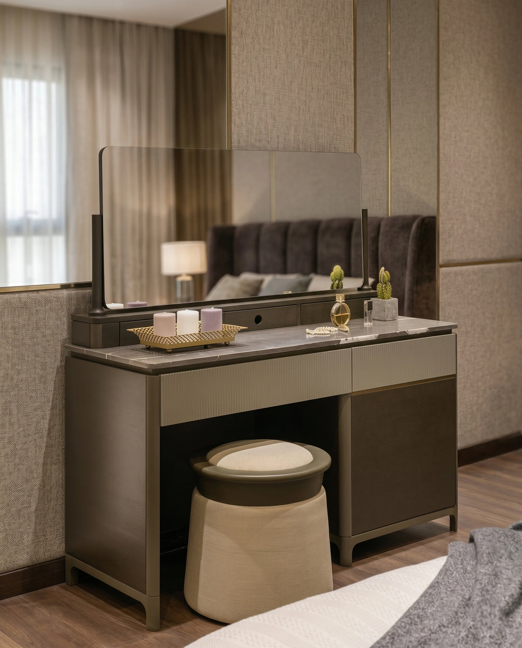 Executive Fluted Dark Wood & Marble Dressing Table Set Arris Concepts