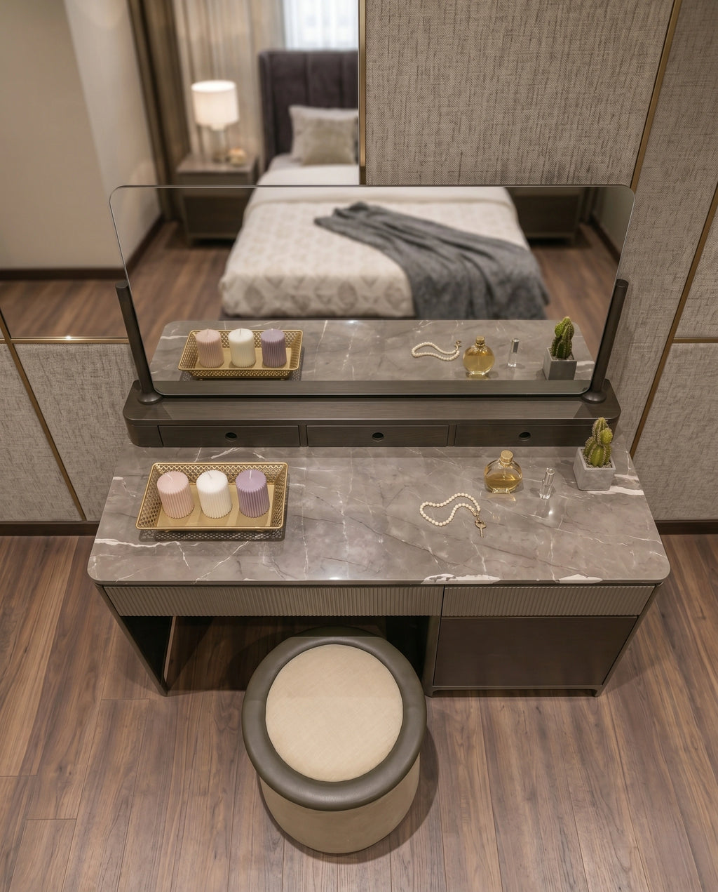 Executive Fluted Dark Wood & Marble Dressing Table Set Arris Concepts