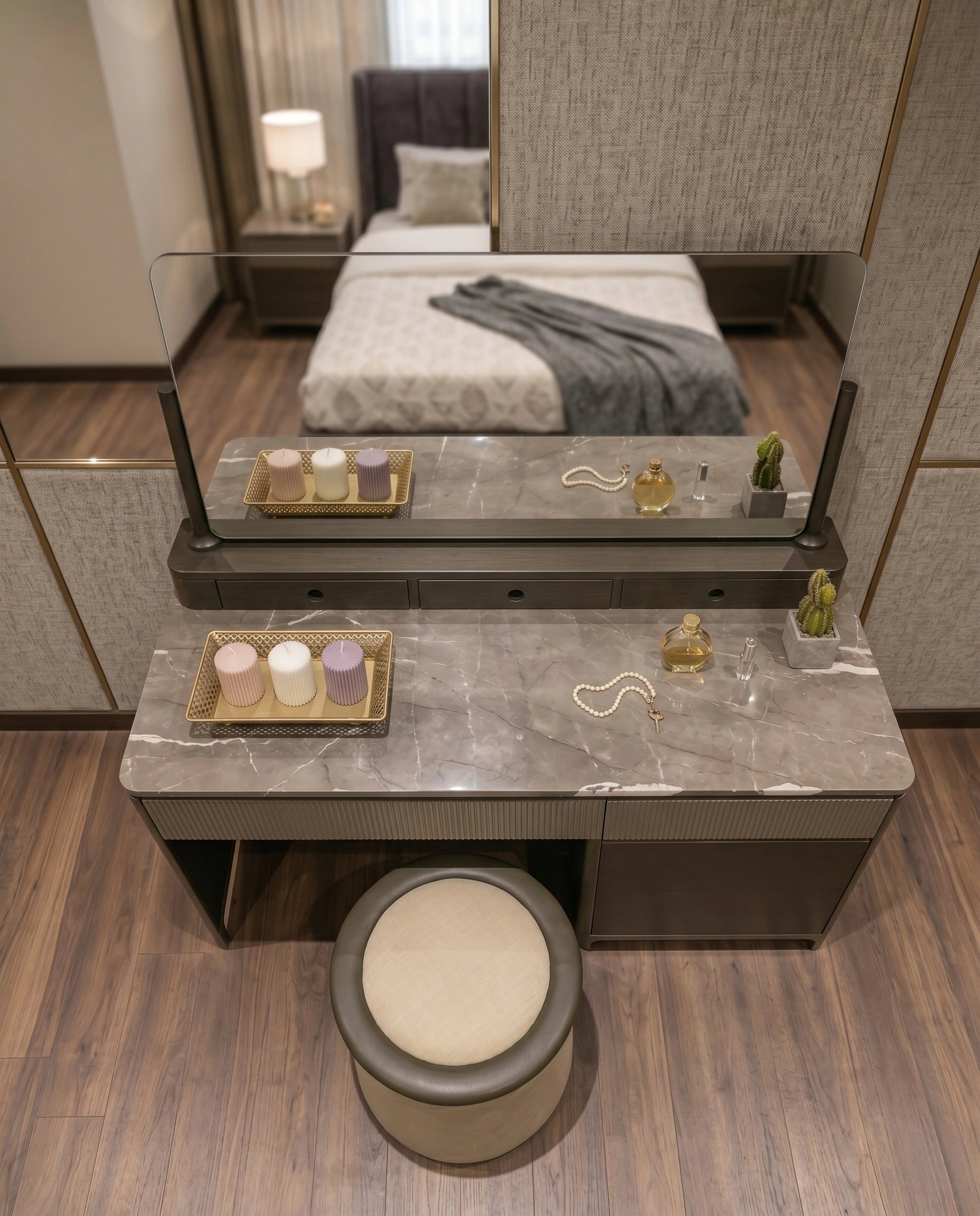 Executive Fluted Dark Wood & Marble Dressing Table Set Arris Concepts