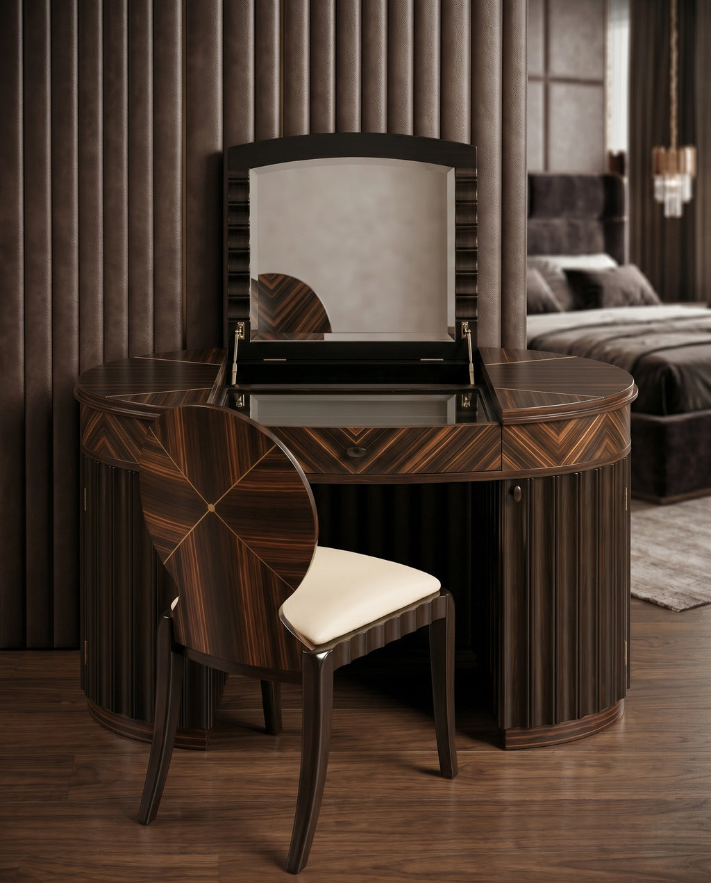 Art Deco Sunburst Wood Flip-Top Dressing Table Set Arris Concepts
