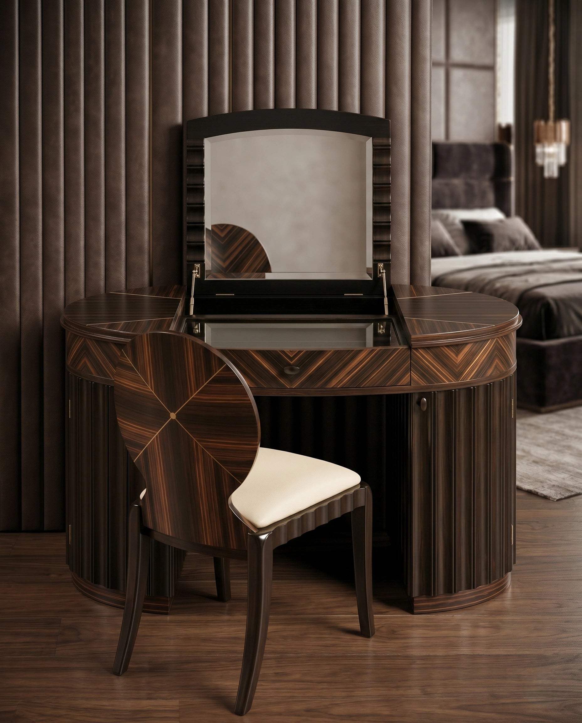 Art Deco Sunburst Wood Flip-Top Dressing Table Set Arris Concepts