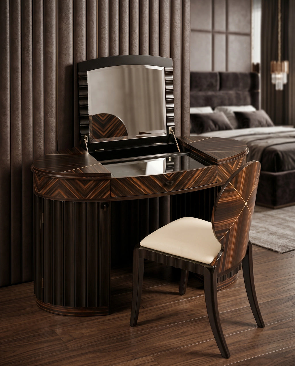 Art Deco Sunburst Wood Flip-Top Dressing Table Set Arris Concepts