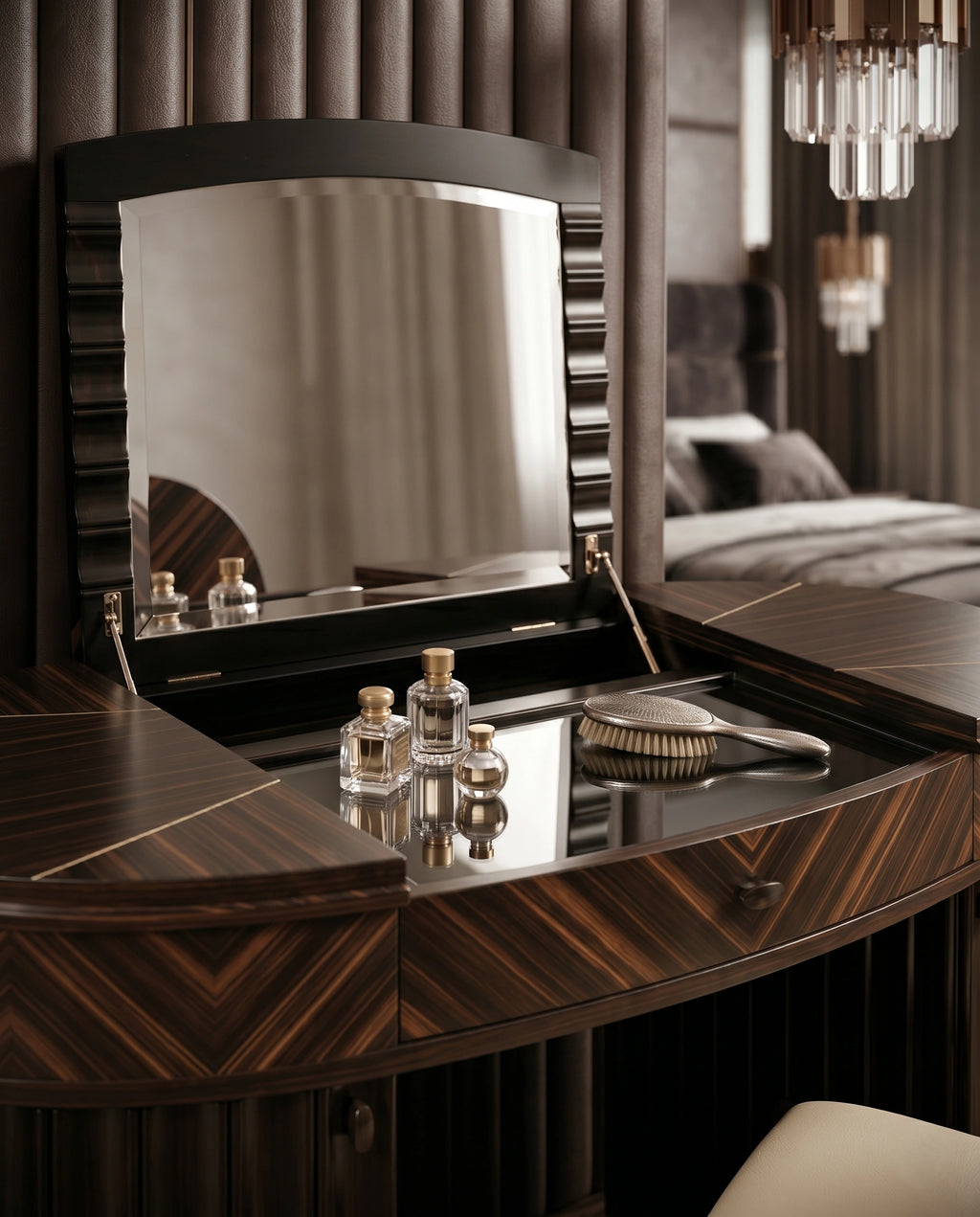 Art Deco Sunburst Wood Flip-Top Dressing Table Set Arris Concepts