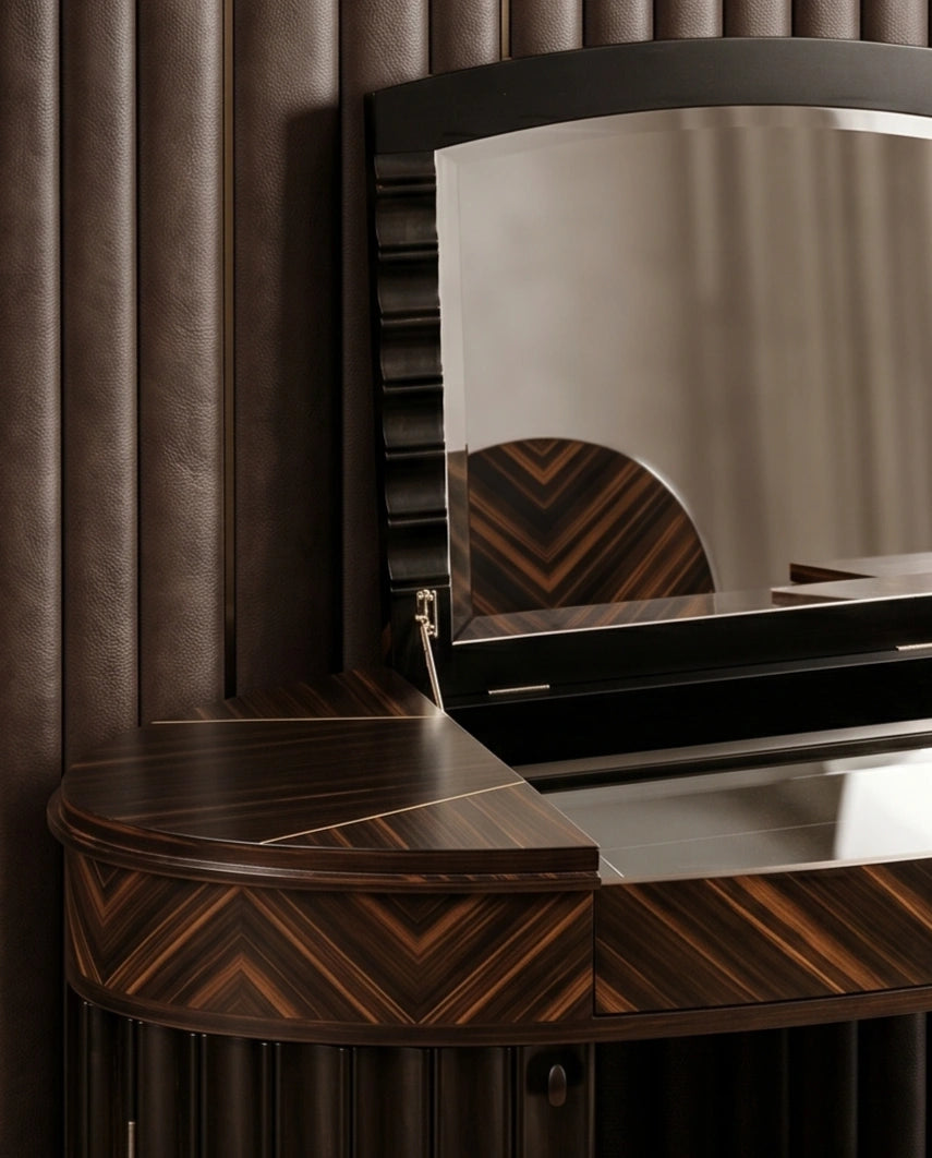 Art Deco Sunburst Wood Flip-Top Dressing Table Set Arris Concepts