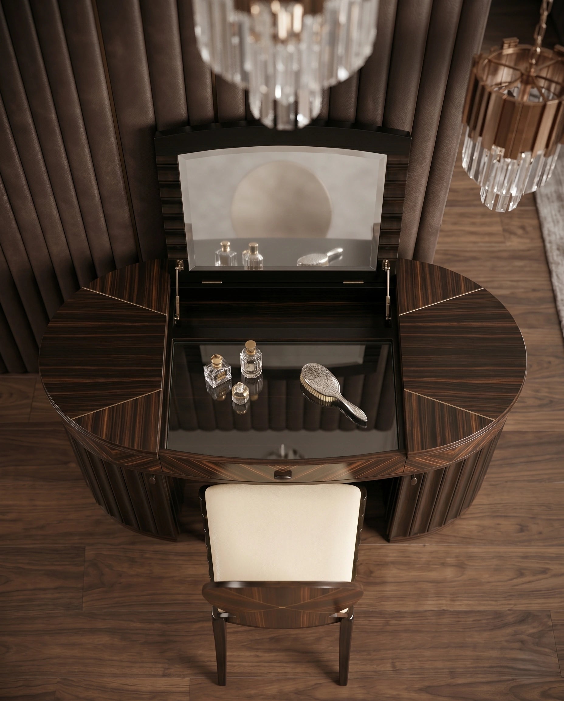Art Deco Sunburst Wood Flip-Top Dressing Table Set Arris Concepts
